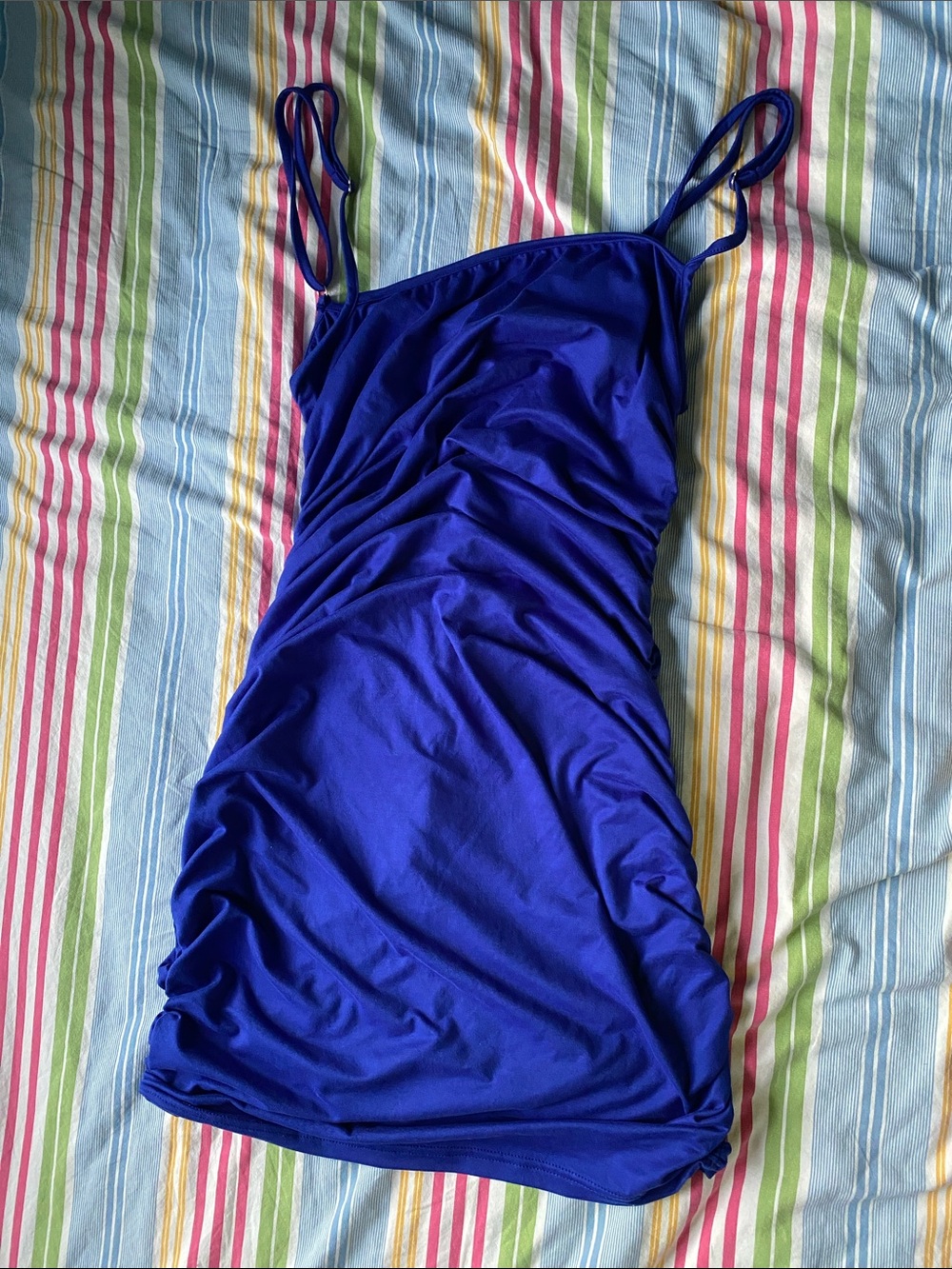 Royal Blue Ruched Mini Dress with Spaghetti Straps - Picture 4 of 5